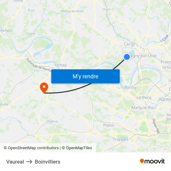 Vaureal to Boinvilliers map