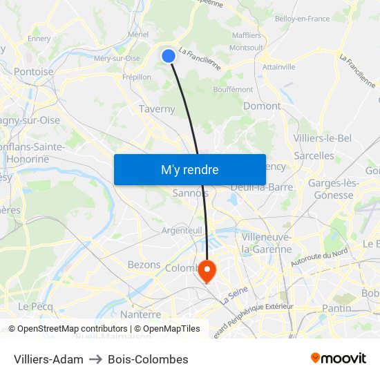 Villiers-Adam to Bois-Colombes map