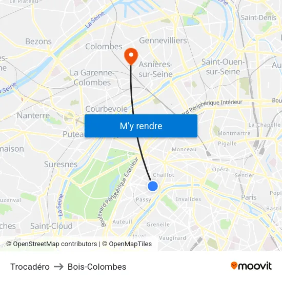 Trocadéro to Bois-Colombes map