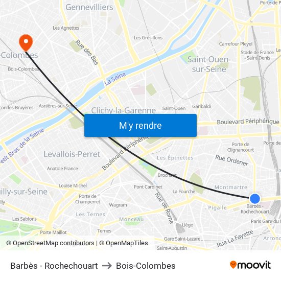 Barbès - Rochechouart to Bois-Colombes map