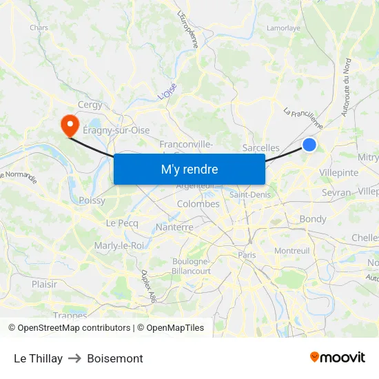 Le Thillay to Boisemont map