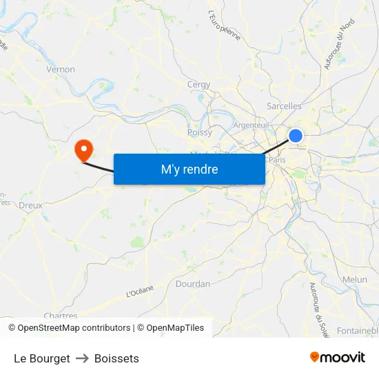 Le Bourget to Boissets map