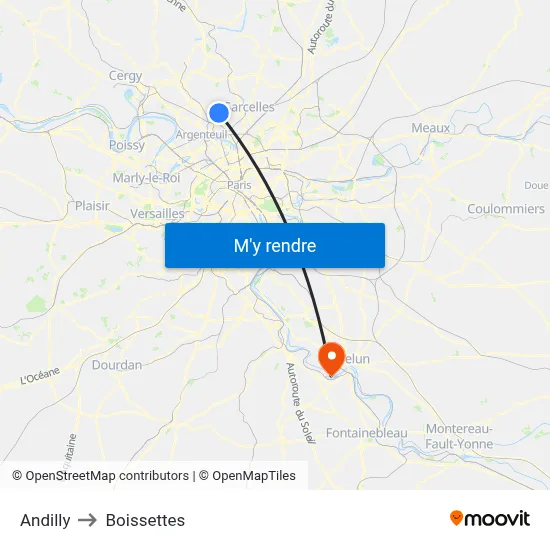 Andilly to Boissettes map
