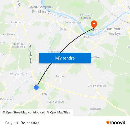 Cely to Boissettes map