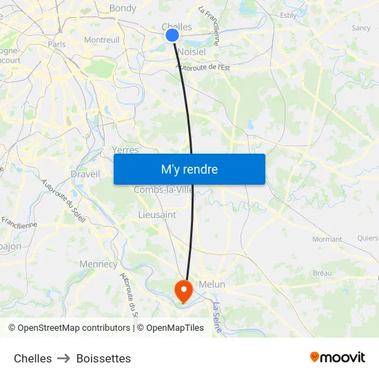Chelles to Boissettes map