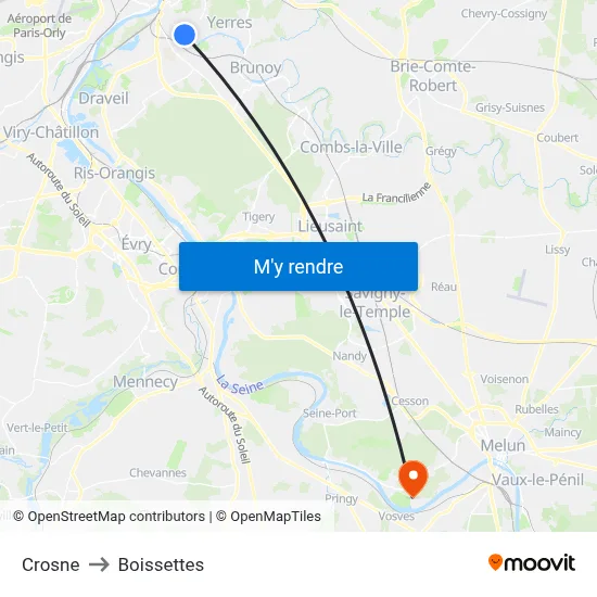 Crosne to Boissettes map