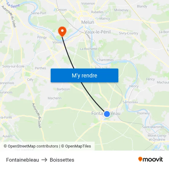 Fontainebleau to Boissettes map