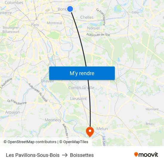 Les Pavillons-Sous-Bois to Boissettes map