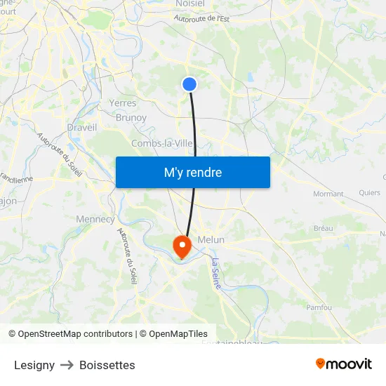 Lesigny to Boissettes map