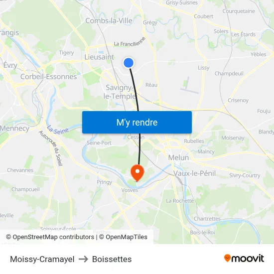Moissy-Cramayel to Boissettes map