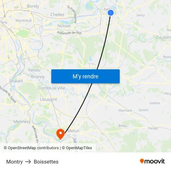 Montry to Boissettes map