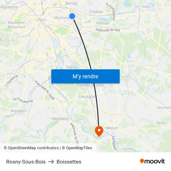 Rosny-Sous-Bois to Boissettes map