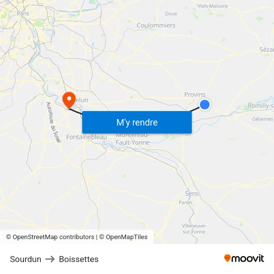 Sourdun to Boissettes map