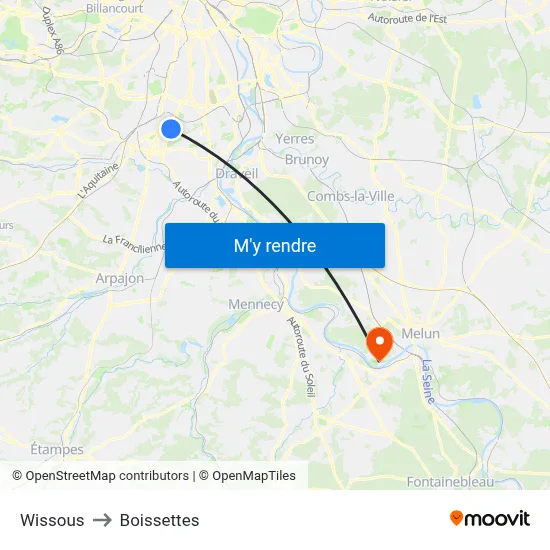 Wissous to Boissettes map