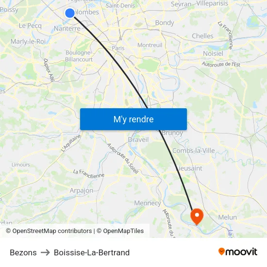 Bezons to Boissise-La-Bertrand map