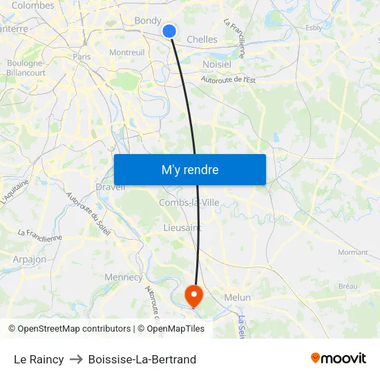 Le Raincy to Boissise-La-Bertrand map