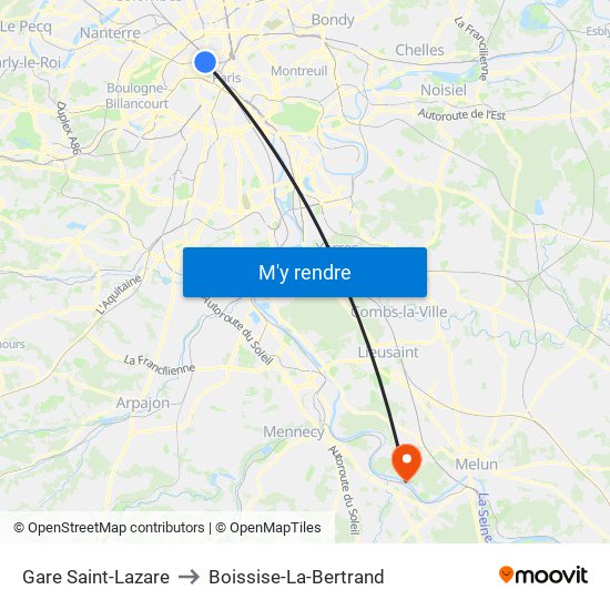 Gare Saint-Lazare to Boissise-La-Bertrand map