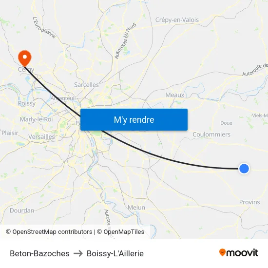 Beton-Bazoches to Boissy-L'Aillerie map