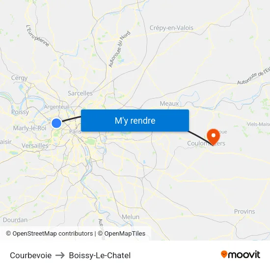 Courbevoie to Boissy-Le-Chatel map