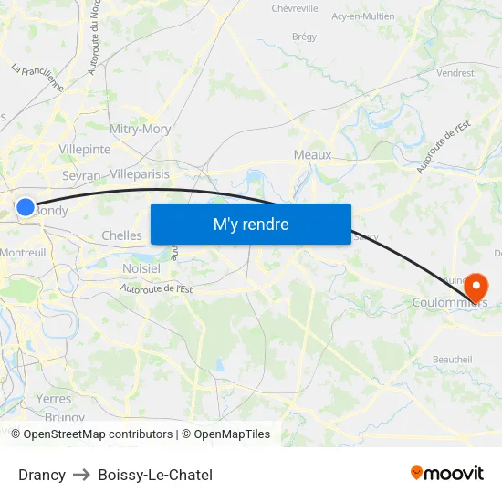 Drancy to Boissy-Le-Chatel map