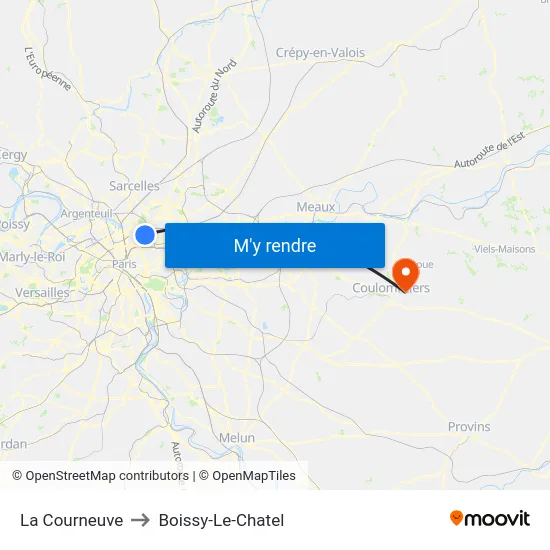 La Courneuve to Boissy-Le-Chatel map