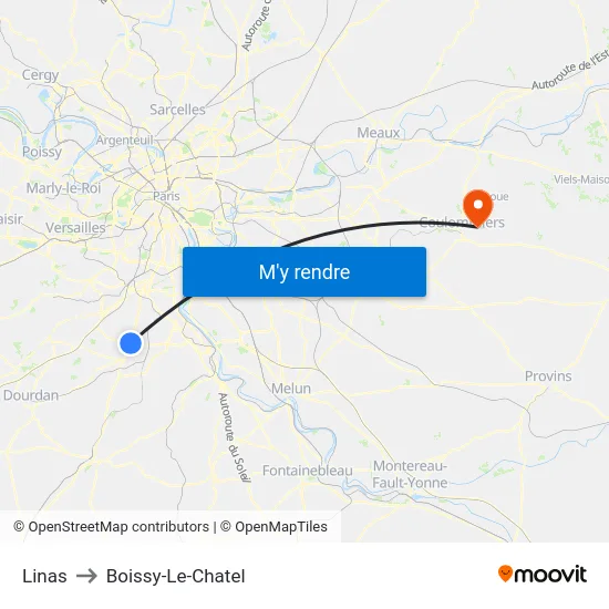 Linas to Boissy-Le-Chatel map