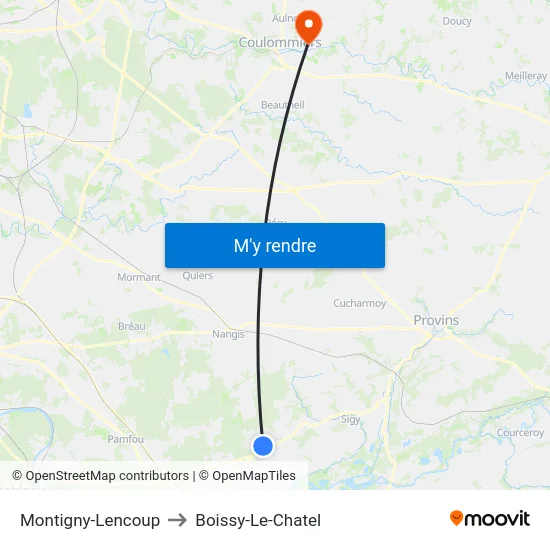 Montigny-Lencoup to Boissy-Le-Chatel map