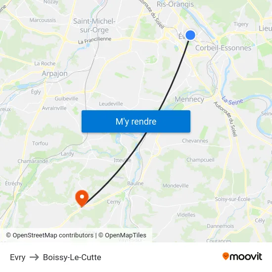 Evry to Boissy-Le-Cutte map