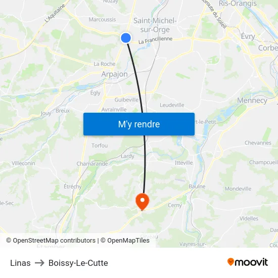 Linas to Boissy-Le-Cutte map