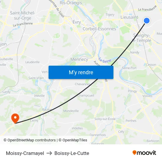 Moissy-Cramayel to Boissy-Le-Cutte map