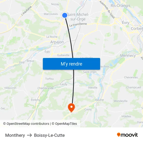 Montlhery to Boissy-Le-Cutte map