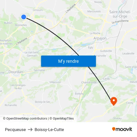 Pecqueuse to Boissy-Le-Cutte map
