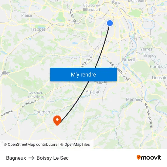 Bagneux to Boissy-Le-Sec map