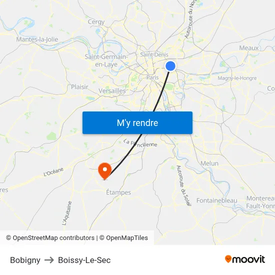 Bobigny to Boissy-Le-Sec map