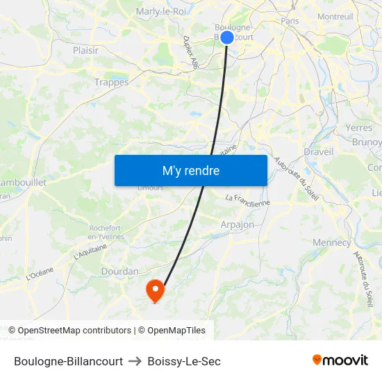 Boulogne-Billancourt to Boissy-Le-Sec map