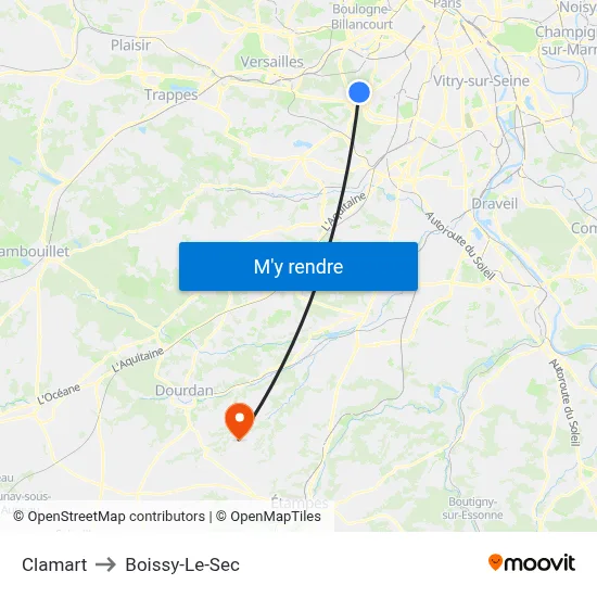 Clamart to Boissy-Le-Sec map