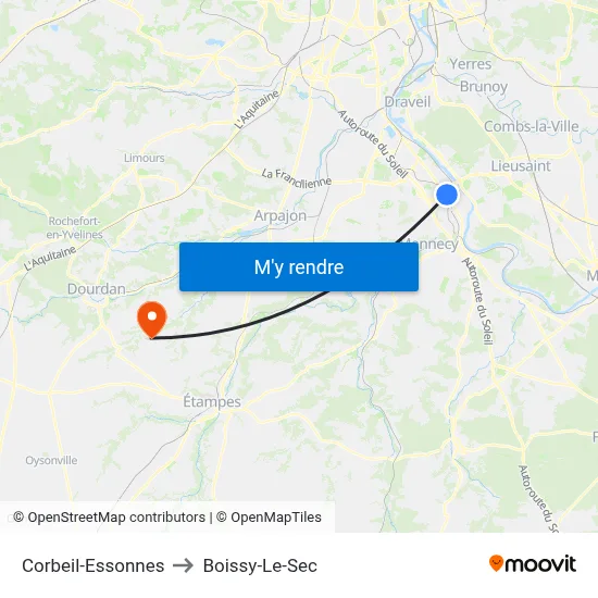 Corbeil-Essonnes to Boissy-Le-Sec map