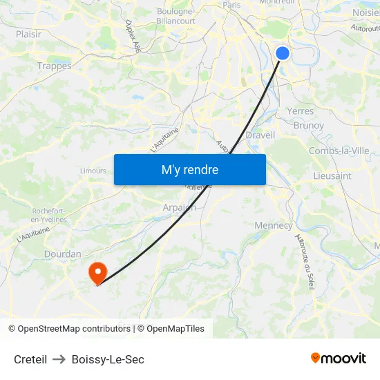 Creteil to Boissy-Le-Sec map