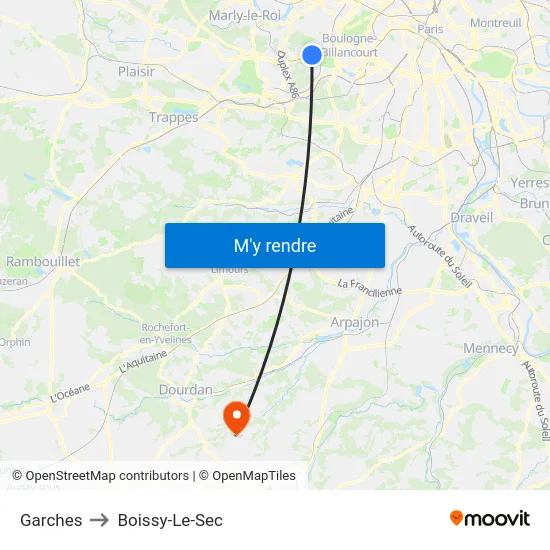 Garches to Boissy-Le-Sec map