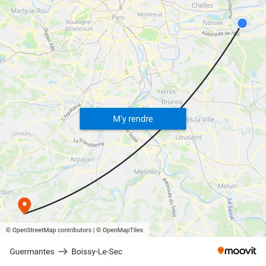 Guermantes to Boissy-Le-Sec map