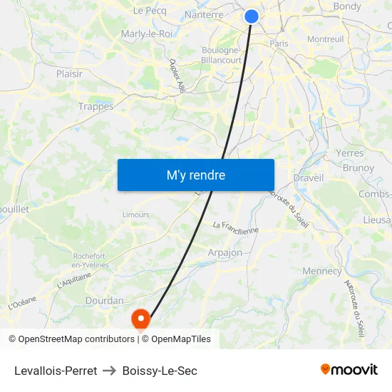 Levallois-Perret to Boissy-Le-Sec map