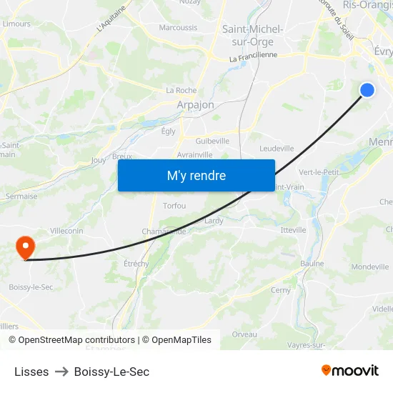 Lisses to Boissy-Le-Sec map