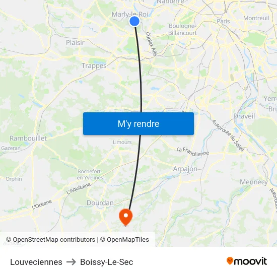 Louveciennes to Boissy-Le-Sec map
