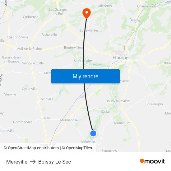 Mereville to Boissy-Le-Sec map