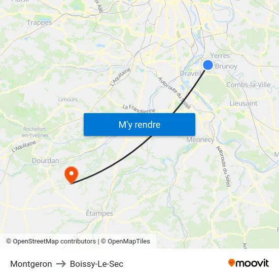 Montgeron to Boissy-Le-Sec map