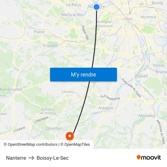 Nanterre to Boissy-Le-Sec map