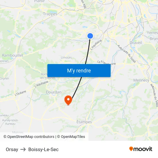 Orsay to Boissy-Le-Sec map