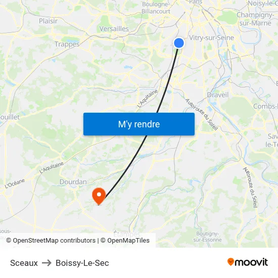 Sceaux to Boissy-Le-Sec map