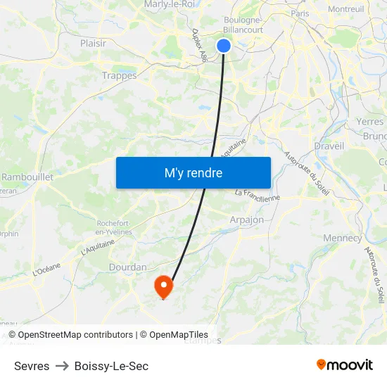 Sevres to Boissy-Le-Sec map