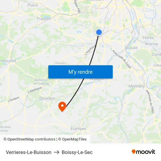 Verrieres-Le-Buisson to Boissy-Le-Sec map